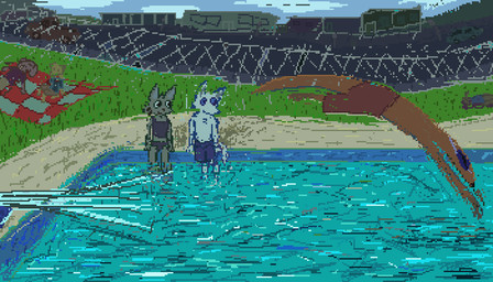 ambiguous_gender anthro bedding blanket brown_clothing brown_shirt brown_topwear clothing day detailed_background female grass group jumping male outside picnic plant shirt sitting smile swimming_pool topwear water demensa canid canine mammal mustelid musteline 2018 7:4 digital_media_(artwork) pixel_(artwork)