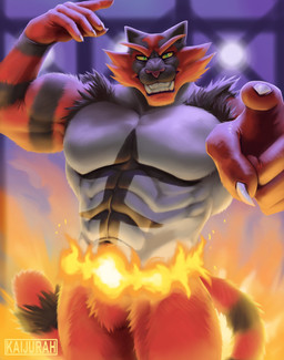 abs anthro barazoku fire gesture green_eyes hand_gesture male muscular muscular_male navel pecs pointing pupils slit_pupils smile solo stripes tail teeth yellow_sclera kaijurah nintendo pokemon felid generation_7_pokemon incineroar mammal pantherine pokemon_(species) tiger hi_res
