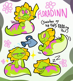 blush eyes_closed flower green_body holding_melee_weapon holding_object holding_sword holding_weapon markings melee_weapon pink_body pink_eyes plant sleeping swishing_tail sword text water watering_can weapon yellow_body yellow_petals tattersthebat deltarune undertale_(series) chapter_5_darkner darkner floradinn reptile scalie snake 2026 character_name hi_res signature