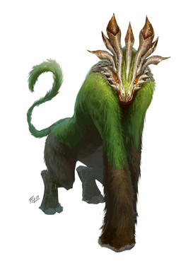 ambiguous_gender feral front_view fur green_body green_fur horn quadruped simple_background solo standing tail white_background federico_musetti numenera species_request 2019 digital_media_(artwork) hi_res official_art signature