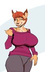 anthro bedroom_eyes big_breasts bottomwear bra_strap breasts clothing curvy_figure female fur green_eyes hair hourglass_figure huge_breasts mature_female narrowed_eyes open_mouth orange_body orange_fur orange_hair pants seductive short_hair solo sweater topwear autotape98 furrybound rosemary_(furrybound) canid canine fox mammal hi_res