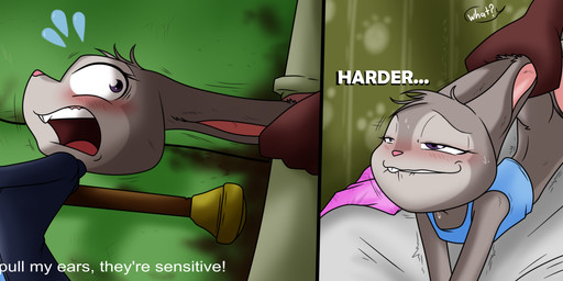 ambiguous_gender anthro blue_clothing blue_shirt blue_tank_top blue_topwear blush brown_body brown_fur buckteeth clothed clothed_anthro clothed_female clothing dialogue duo ear_pull female female_focus fur grey_body grey_fur looking_pleasured mostly_offscreen_character purple_eyes shirt solo_focus tank_top teeth text topwear sandwich-anomaly disney zootopia judy_hopps nick_wilde canid canine european_rabbit fox lagomorph leporid mammal oryctolagus rabbit red_fox true_fox 2025 english_text male_(lore)