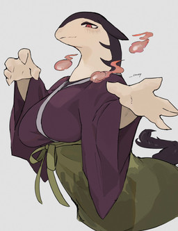 5_fingers anthro asian_clothing big_breasts black_body black_fur breasts butt claws closed_smile clothing east_asian_clothing female finger_claws fingers fire fur grey_background half-closed_eyes japanese_clothing kemono kimono mouth_closed multicolored_body multicolored_fur narrowed_eyes pupils purple_clothing purple_kimono red_eyes side_view simple_background slit_pupils smile smiling_at_viewer snout solo tail tan_body tan_fur wisps sme4 nintendo pokemon pokemon_cafe_remix hisuian_typhlosion_tranquil_tea_house generation_8_pokemon hisuian_form hisuian_typhlosion pokemon_(species) regional_form_(pokemon) 2026 half-length_portrait hi_res japanese_description portrait signature