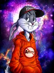 baseball_cap clothing cosmic_background hat headgear headwear hoodie male orange_clothing orange_hoodie orange_topwear piercing solo topwear squatinacaprium cartoon_network looney_tunes warner_brothers bugs_bunny lagomorph leporid mammal rabbit hi_res