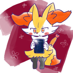 :< ambiguous_anthro ambiguous_gender anthro biped blush blush_stickers cellphone chibi digitigrade electronics food holding_cellphone holding_object holding_phone holding_smartphone looking_down object_in_tail phone phone_flash shrimp_(food) simple_background smartphone solo standing tail annyui0611 nintendo pokemon braixen canid generation_6_pokemon mammal pokemon_(species) 1:1 2024 digital_drawing_(artwork) digital_media_(artwork) full-length_portrait japanese_description portrait translated_description