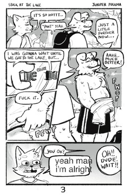 anthro arm_hair athletic_wear backpack bodily_fluids body_hair bottomwear buckle cargo_shorts chest_tuft clothing dialogue duo eyes_closed gym_bottomwear gym_shorts male male/male navel onomatopoeia pecs profanity removing_shirt shirt shorts slightly_chubby sound_effects sweat sweatdrop t-shirt text topwear tuft junipermaxima rory_(junipermaxima) sean_(junipermaxima) canid canine canis domestic_cat domestic_dog felid feline felis herding_dog mammal pastoral_dog sheepdog absurd_res comic english_text hi_res trans_(lore) trans_man_(lore)