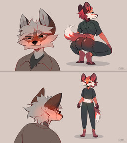 anthro biped bottomwear butt claws clothed clothed_anthro clothed_female clothed_male clothing countershade_torso countershading crouching duo eyes_closed feet female fingers front_view fully_clothed fully_clothed_anthro fully_clothed_female fur hair looking_at_another male navel rear_view simple_background smile standing tail toes topwear cordi broly_culo canid canine fox mammal 2026 digital_drawing_(artwork) digital_media_(artwork) meme