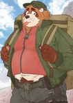 anthro backpack belly bottomwear brown_body brown_fur bulge clothing cute_fangs fangs fur hat headgear headwear humanoid_hands kemono male navel outside overweight overweight_male pants solo teeth ryuta-h canid canine mammal raccoon_dog tanuki 2022 hi_res