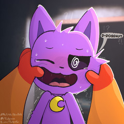 anthro blush blush_lines bodily_fluids charm_(jewelry) drooling duo exclamation_point finger_in_mouth fur head_grab jewelry male male/male necklace open_mouth orange_body orange_fur purple_body purple_fur question_mark saliva saliva_string shaking speech_bubble sweat sweatdrop tears text tongue tinky mob_entertainment poppy_playtime smiling_critters catnap_(poppy_playtime) dogday_(poppy_playtime) canid canine canis domestic_cat domestic_dog felid feline felis mammal 1:1 url