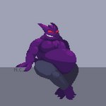 abdominal_bulge anthro belly bottomwear chest_tuft clothing grey_background grin head_tuft imprint male male_pred oral_vore pants pupils purple_body red_sclera simple_background smile solo struggling tuft vore nephiclav nintendo pokemon generation_1_pokemon gengar pokemon_(species) 1:1 animated digital_media_(artwork) low_res pixel_(artwork) pixel_animation shaded short_playtime signature