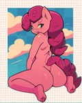 anthro butt dotted_background female kneeling looking_at_viewer looking_back nude pattern_background rear_view simple_background sky solo tongue tongue_out spacehominid friendship_is_magic hasbro my_little_pony pinkie_pie_(mlp) equid equine horse mammal pony hi_res