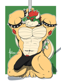 2_horns abstract_background anthro armpit_hair balls_outline big_muscles body_hair bracelet bulge clothed clothing collar dancing detailed_bulge erection erection_under_clothing eyebrows genital_outline hair hand_behind_head horn jewelry male muscular muscular_anthro muscular_male pecs penis_outline pole pole_dancing pubes red_hair scales shell solo speedo spiked_bracelet spiked_collar spiked_tail spikes spikes_(anatomy) swimwear tail tenting ventral_scales yellow_body aereous mario_bros nintendo bowser koopa scalie digital_drawing_(artwork) digital_media_(artwork) hi_res