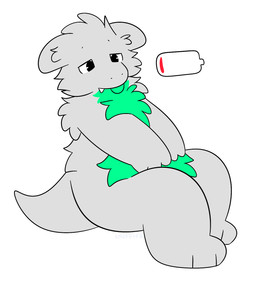 anthro biped fur green_body green_fur grey_body grey_fur low_battery male sitting solo teeth tired tired_eyes tongue tongue_out snuffles mythology snuffles_(character) dragon mythological_creature mythological_scalie scalie hi_res