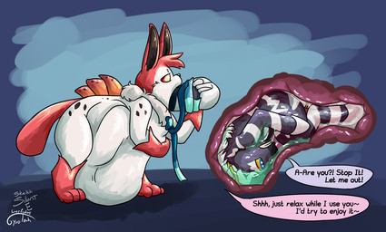 accessory blue_eyes bodily_fluids dreadlocks duo feral feral_pred feral_prey grey_body hair_accessory hair_tie hooves internal male male_pred male_prey mane oral_vore organs pink_body ribbons_(anatomy) same_size_vore stomach stomach_acid stripes text vore white_body gyrotech silent_e nintendo pokemon fan_character ruzestrika eeveelution equid equine generation_5_pokemon generation_6_pokemon hybrid_pokemon mammal pokemon_(species) sylveon volcarona zebstrika english_text hi_res