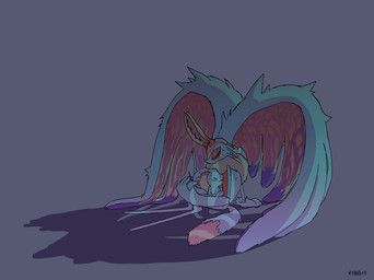 ambiguous_gender anthro antlers big_ears biped bipedal_feral black_sclera blush blush_stickers bodily_fluids chest_tuft colored_nails countershade_torso countershading digitigrade dipstick_tail duo eyes_closed feral fingernails fluffy fluffy_tail fur grey_background head_wings holding_another horn hug huge_wings hugging_another looking_at_another markings mouthless multicolored_body multicolored_eyes multicolored_fur nails neck_tuft notched_ear on_lap orange_body orange_fur pink_eyes pupils purple_fingernails purple_nails semi-anthro shadow simple_background sitting size_difference sweat sweatdrop tail tail_markings tan_body tan_fur teal_body teal_eyes teal_fur text tuft unusual_wing_placement wings y_l_j_n kirby_(series) kirby_and_the_forgotten_land nintendo elfilin fecto_elfilis alien chinchilla chinchillid mammal rodent starling_(kirby) 2022 digital_drawing_(artwork) digital_media_(artwork) hi_res japanese_text translation_request male_(lore)