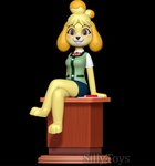 3d_(artwork) 3d_modeling 3d_print animal_crossing anthro brown_eyes canid canine clothed clothing crossed_legs digital_media_(artwork) female furniture hair hi_res isabelle_(animal_crossing) looking_straight mammal necktie nintendo paper pen sillytoys simple_background sitting smile solo table tied_hair yellow_body