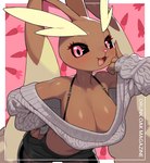 anthro big_breasts black_sclera breasts brown_body brown_fur carrot cleavage clothed clothing female female_anthro fingers food fur pink_eyes plant simple_background solo sweater text topwear vegetable drunk_oak nintendo pokemon generation_4_pokemon lagomorph lopunny mammal pokemon_(species) 2024 absurd_res artist_name digital_media_(artwork) english_text hi_res