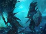 anthro detailed_background duo feral gills head_crest holding_melee_weapon holding_object holding_sword holding_weapon male melee_weapon polearm scythe seabed shield split_form sword underwater walking water weapon anthony_francisco hasbro magic:_the_gathering wizards_of_the_coast fish marine merfolk scalie blue_theme cool_colors official_art