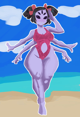 5_arms 5_eyes 5_fingers accessory barefoot beach belly_cutout black_hair bow_ribbon breasts cleavage clothed clothed_female clothing cloud cutout day fangs feet female fingers front_view gesture hair hair_accessory hair_bow hair_ribbon mouth_closed multi_arm multi_eye multi_limb one-piece_swimsuit outside pear-shaped_figure pigtails pose purple_body red_bow ribbons salute sand sky solo swimwear teeth thick_thighs wide_hipped_female wide_hips dumbwitchyy undertale undertale_(series) muffet arachnid arthropod spider 2025 digital_drawing_(artwork) digital_media_(artwork) full-length_portrait hi_res pinup portrait