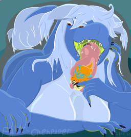 anthro boop breasts character_vest duo female female_pred lying male male/female multi_eye multi_limb nose_boop on_front simple_background soft_vore vore willing_prey chehpaper yaza_(chehpaper) hybrid hi_res