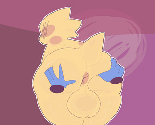 anthro anus balls big_balls big_butt biped blush bodily_fluids butt disembodied_hand duo genitals gynomorph hand_on_butt huge_balls intersex nude simple_background spread_butt spreading sweat sweaty_butt tail yellow_balls yellow_body skullfvckerz undertale_(series) alphys