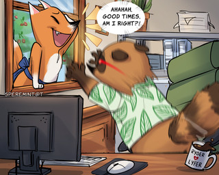 aloha_shirt angry anthro apron blue_apron blue_clothing brown_body brown_fur chair clothing computer detailed_background dialogue duo electronics emanata eyes_closed fur furniture glowing glowing_eyes humanoid_hands imminent_danger male motion_blur open_mouth open_smile orange_body orange_fur pattern_clothing pattern_shirt pattern_topwear red_eyes shirt slightly_chubby smile speech_bubble text topwear white_body white_fur speremint animal_crossing nintendo crazy_redd tom_nook_(animal_crossing) canid canine fox mammal raccoon_dog tanuki 2020 5:4 comic english_text hi_res signature