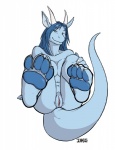 anthro blue_body blue_hair breasts feet female foot_focus genitals hair hindpaw horn legs_up non-mammal_breasts nude one_eye_closed paws pussy solo tail wink iggi mythology sera_(sera) dragon mythological_creature mythological_scalie scalie 2010