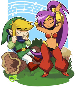 blonde_hair breasts cleavage clothed clothing dancing duo ear_piercing ear_ring eyes_closed female footwear grass hair hat headgear headwear humanoid_pointy_ears log long_hair male musical_instrument musical_note musical_symbol not_furry piercing plant pointy_ears ponytail purple_hair ring_piercing shoes sitting symbol wood omegasunburst nintendo shantae_(series) the_legend_of_zelda wayforward wind_waker shantae toon_link genie humanoid hylian crossover hi_res signature