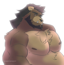 anthro beard brown_body brown_fur chest_tuft clothed clothing facial_hair fur looking_at_viewer male mullet muscular muscular_anthro muscular_male nipples pecs red_eyes solo topless tuft underbite juggerpepper jugger_(juggerpepper) bear mammal 2023 colored digital_media_(artwork) half-length_portrait hi_res portrait watermark