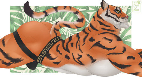 anthro barazoku big_butt black_clothing black_jockstrap black_stripes black_underwear bulge butt clothed clothing fangs fur jockstrap jockstrap_only male meander muscular muscular_anthro muscular_male on_chest orange_body orange_fur side_view solo striped_body striped_fur stripes tail teeth topless underwear underwear_only yellow_eyes thehorny_bunbun epic_games fortnite oscar_(fortnite) felid mammal pantherine tiger 2024 english_description hi_res