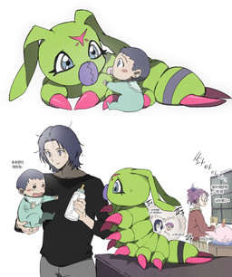 bottle container cooking eyewear female feral glasses group hair male mandibles neonate purple_hair text young ldhdigimon bandai_namco digimon ken_ichijouji yolei_inoue digimon_(species) human mammal wormmon hi_res korean_text