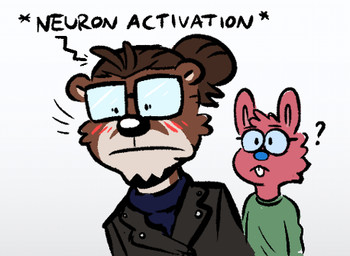 anthro black_clothing black_jacket black_text black_topwear blue_clothing blue_nose blue_sweater blue_topwear blue_turtleneck blush brown_body brown_fur clothing duo eyewear fur glasses green_clothing green_shirt green_t-shirt green_topwear hair hair_bun jacket male pink_body pink_fur shirt shocked simple_background sweater t-shirt tan_body tan_fur text topwear turtleneck white_background fudatsu manu_(fudatsu) lagomorph leporid mammal rabbit low_res