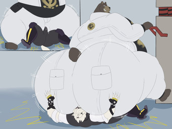 anthro anthro_on_anthro barefoot belly big_butt bodily_fluids brown_body brown_fur bubble_butt butt butt_grab butt_slam clothed clothing duo erection erection_under_clothing facesitting feet fingerless_gloves footwear fur genital_fluids gloves hair hand_on_butt handwear harness high_heels huge_butt huge_thighs humanoid_hands hyper hyper_butt larger_male legwear looking_at_another looking_down male male/male overweight overweight_anthro overweight_male pockets precum sharp_teeth shoes short_tail sitting_on_another size_difference smile tail teeth thick_thighs weapon white_clothing megacoolbear mihoyo zenless_zone_zero ben_bigger von_lycaon bear canid canine canis mammal wolf 2022 4:3 hi_res