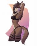 anthro black_nose bra breasts brown_hair clothing ear_piercing eyewear facial_piercing female fur glasses hair hand_behind_head navel nose_piercing nose_ring panties piercing ring_piercing simple_background solo underwear wyla psalm_(wolfpsalm) canid canine canis mammal wolf 2017 digital_media_(artwork) hi_res shaded