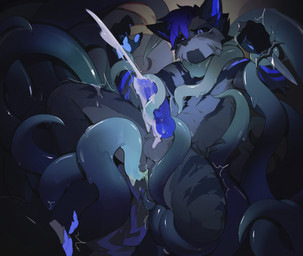 anthro bad_end blue_eyes bodily_fluids coiling_around_arm coiling_around_body coiling_around_leg coiling_around_neck coiling_around_penis cum cum_in_ass cum_inside cum_on_penis cum_on_tentacle dagger ejaculation fur fur_markings genital_fluids genitals knot knotted_penis leaking_cum male male/male markings melee_weapon orgasm pawpads penis restrained restrained_arms restrained_by_tentacles restrained_legs solo tentacles weapon delt.a liam_(ogilvan) canid canine mammal absurd_res hi_res huge_filesize