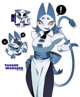 anthro biped black_body blue_body charging claws clothing cord_tail female finger_claws floating_hands hand_on_hip hand_on_own_hip headpat heart_symbol multicolored_body simple_background solo tongue tongue_out white_background white_clothing yellow_eyes ny_000a deltarune undertale_(series) tasque_manager darkner felid feline mammal robot_anthro 2025 absurd_res digital_media_(artwork) hi_res