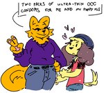 anthro buying clothed clothing condom dialogue duo female heart_symbol male sexual_barrier_device shopping size_difference speech_bubble mevka_(artist) dog_boy_(mevka) fox_girl_(mevka) canid canine canis domestic_dog fox mammal