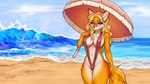 5_fingers anthro beach biped blonde_hair breasts clothed clothed_anthro clothed_female clothing cloud countershade_torso countershading day female fingers front_view fur hair holding_parasol navel one-piece_swimsuit orange_body orange_fur orange_tail outside parasol purple_eyes sand sea sky sling_bikini solo standing swimwear tail water dragonfu canid canine fox mammal 16:9 2025 digital_media_(artwork) hi_res widescreen