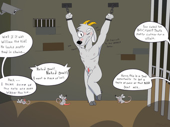 animal_genitalia animal_penis anthro balls bdsm black_nose blush bondage bound chain chained cuff_(restraint) dialogue embarrassed erection exposed eyewear forced fur genitals giggle grey_body grey_fur holding_penis hooves horn humiliation male mischievous monocle nude penis penis_humiliation penis_size_difference pink_penis prison prison_cell recording restraints security security_camera shackled shackles small_but_hung small_penis_humiliation solo_focus speech_bubble tapering_penis text voyeur keysquid humongous_entertainment spy_fox_(series) william_the_kid bovid caprine goat mammal murid murine rat rodent 2022 4:3 english_text hi_res