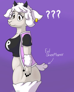 anthro black_horn brown_eyes clothed clothing female fur horn looking_at_viewer partially_clothed smile smiling_at_viewer solo white_body white_fur white_wool wool_(fur) wool_hair thewholof554 evil_container sheipy_(thewholof554) bovid caprine mammal sheep hi_res meme