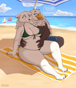 anthro beach belly belly_grab big_butt bikini breast_squish breasts butt clothing dominant dominant_male duo female lips male male/female seductive sitting slightly_chubby squeezing_belly squish swimwear text thick_lips towel two-piece_swimsuit white_body mestysa accipitrid accipitriform avian bird canid canine canis eagle mammal wolf absurd_res hi_res