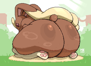 animal_ears anthro big_butt biped brown_body butt butt_focus cellulite female glistening glistening_body huge_butt huge_hips huge_thighs kneeling looking_at_viewer looking_back nude outside pawpads pokemorph pupils solo thick_thighs three-quarter_view wide_hips mekaatomic nintendo pokemon generation_4_pokemon lopunny pokemon_(species) 2025 digital_media_(artwork) pixel_(artwork) signature