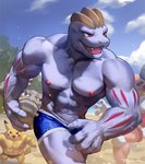 2021 abs alternate_version_at_source anthro beach bodily_fluids bottomwear brown_eyes clothed clothing cloud day detailed_background feral generation_1_pokemon geodude group humanoid machoke male mr._mime muscular muscular_anthro muscular_male narrowed_eyes navel nintendo nipples open_mouth open_smile outside pecs pikachu pokemon pokemon_(species) popodunk red_eyes seaside shorts signature sky smile solo_focus speedo sport summer sweat swimwear topless topless_male vein volleyball