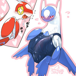 blush bodily_fluids bulge claws clothed clothed_feral clothing crossdressing cum cum_in_clothing cum_on_self cum_through_clothing detailed_bulge duo feral genital_fluids genital_outline genitals half-closed_eyes heart_background heart_pattern heart_symbol male narrowed_eyes one-piece_swimsuit pattern_background penis penis_outline red_eyes saliva school_swimsuit simple_background star_pupils swimwear tapering_penis translucent translucent_clothing wet wet_clothing yellow_eyes cotora nintendo pokemon generation_3_pokemon latias latios legendary_pokemon pokemon_(species) 1:1 2021 hi_res