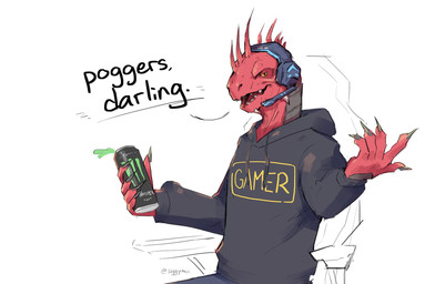 anthro beverage_can clothing dialogue electronics gaming headgear headphones headset holding_object hoodie humor looking_at_viewer male playing_video_game red_body red_skin solo talking_to_viewer text topwear siggymc divinity:_original_sin_2 divinity_(series) monster_energy mythology the_red_prince dragon lizard_(divinity) lizardman mythological_creature mythological_scalie scalie english_text hi_res