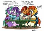 beverage book dialogue female furniture group horn male photo_album table tea teapot text bobthedalek friendship_is_magic hasbro my_little_pony mythology firelight_(mlp) starlight_glimmer_(mlp) stellar_flare_(mlp) sunburst_(mlp) equid equine mammal mythological_creature mythological_equine unicorn 2019 absurd_res english_text hi_res