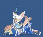 alternative_fashion anthro bandage clothed clothing duo j-fashion lolita_(fashion) lying male medical_instrument medical_syringe nurse nurse_clothing nurse_lolita nurse_uniform on_ground scientific_instrument syringe uniform 桃 disney zootopia finnick_(zootopia) nick_wilde canid canine fennec_fox fox mammal red_fox true_fox 2016