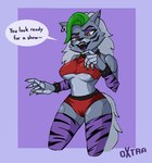2024 animal_print animatronic anthro areola areola_slip arm_warmers armwear belt big_breasts bracelet breasts canid canine canis claws clothing collar crop_top dialogue digital_media_(artwork) ear_piercing english_text eyeshadow female fingernails five_nights_at_freddy's five_nights_at_freddy's:_security_breach green_fingernails green_hair grey_body hair jewelry leg_markings leg_warmers legwear lipstick looking_at_viewer machine makeup mammal markings midriff nails nipple_outline nipple_piercing nipples oxtra piercing piercing_outline robot roxanne_wolf scottgames sharp_teeth shirt socks_(marking) solo speech_bubble spiked_bracelet spiked_collar spikes steel_wool_studios stripes tail teeth text thick_thighs thigh_highs topwear under_boob underwear white_hair wide_hips wolf yellow_eyes zebra_print