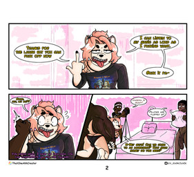 anthro bed big_penis black_body braces camera dark_body dark_skin furniture genitals grabbing_body group hair holding_object holding_pillow male penis piercing pillow pink_hair simple_background size_difference slur speech_bubble text vein veiny_penis thatoneahhcreator canid canine canis domestic_dog human mammal comic english_text hi_res russian_text