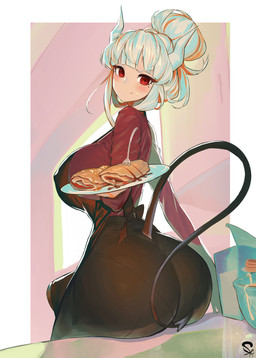 apron big_breasts big_butt blush breasts butt clothed clothing cutlery eyebrows eyelashes female food fork hair horn inside kitchen_utensils leaning light_body light_skin looking_at_viewer looking_back markings mole_(marking) nipple_outline not_furry pancake plate red_eyes smile solo spade_tail tail tools translucent translucent_clothing white_eyebrows white_hair suerte34 helltaker lucifer_(helltaker) demon demon_humanoid humanoid 2020 hi_res signature translated_description